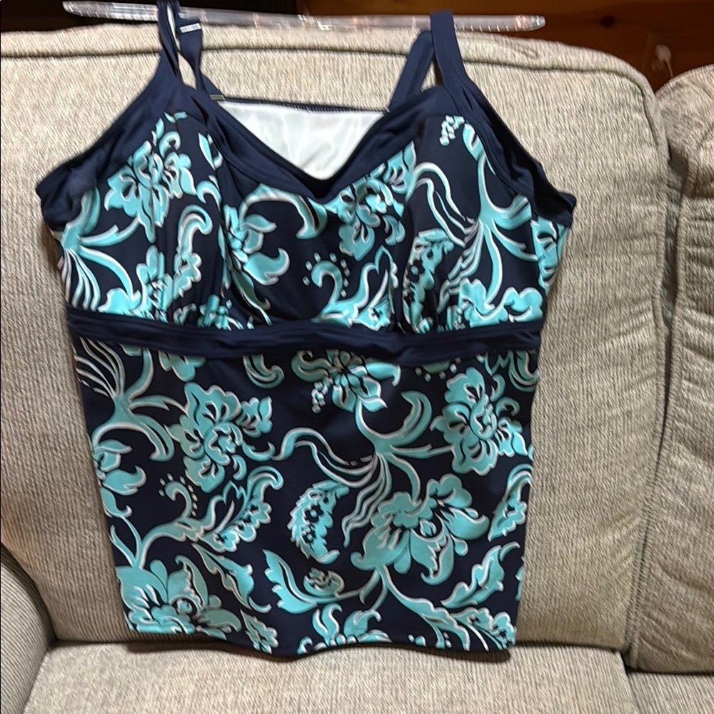 Lands' End Black and Blue Graphic Bustier Camisole Swim Top